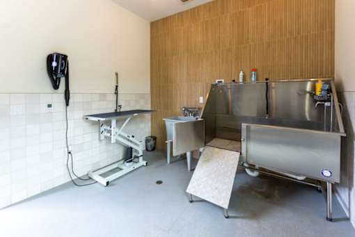 A clean, empty kitchen with stainless steel appliances and white tile walls.