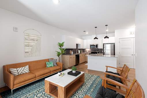 a living room with a couch and a coffee table