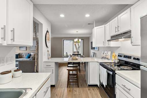 A modern kitchen with white cabinets and stainless steel appliances.