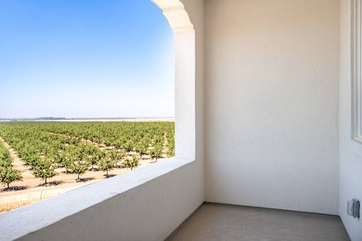 A room with a view of an orchard.