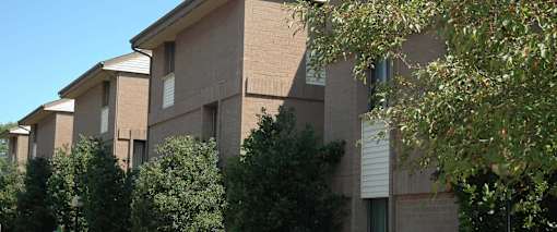 A building with a brown facade and a green tree in front.