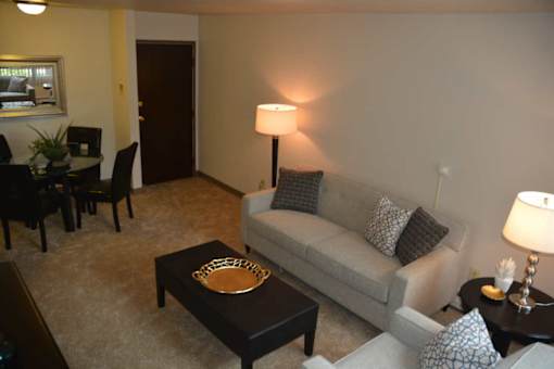 A living room with a grey couch, a coffee table, and a lamp.