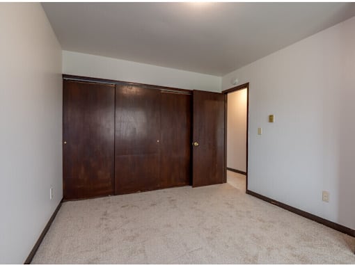 A room with a brown wardrobe and a carpeted floor.