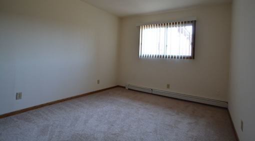 A room with a window and a carpeted floor.