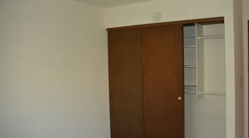 A brown door with a gold handle is in a white room.