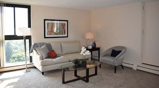A living room with a white couch, a grey armchair, a glass coffee table, and a framed picture on the wall.