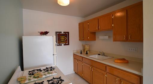 A kitchen with a white refrigerator and wooden cabinets.