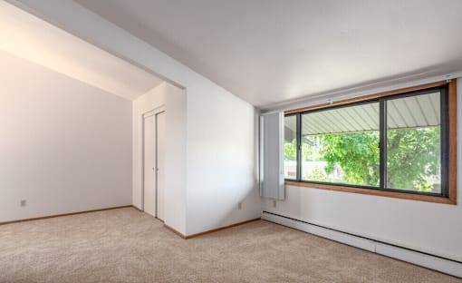 A room with a carpeted floor, a window with a view of trees, and a door.