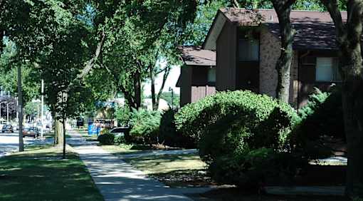 A tree-lined street with apartment buildings on the right.