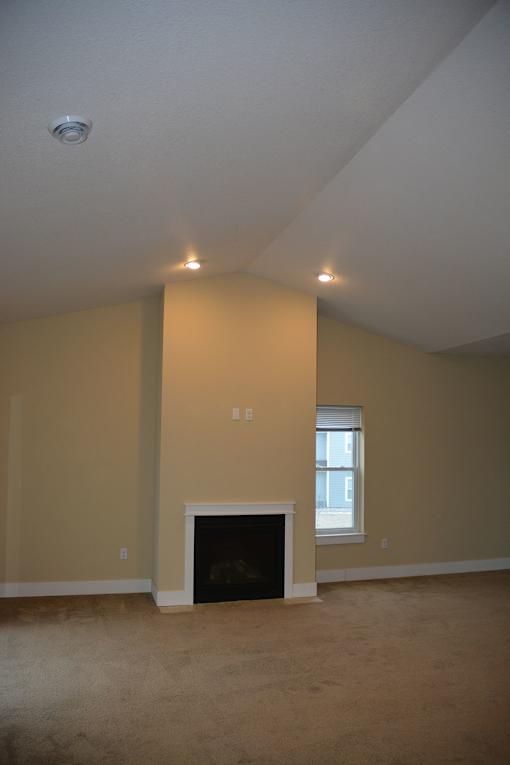A room with a fireplace and a window.