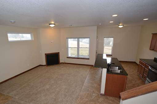 A living room with a fireplace and a kitchen area with a sink and stove.