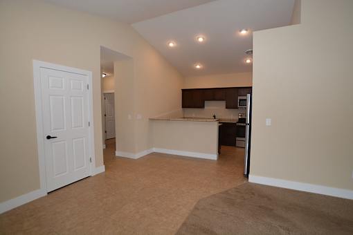 A room with a white door and a brown carpet.