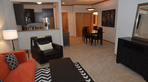 A living room with a black and white striped rug.