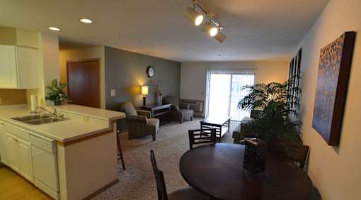 A living room with a kitchen area in the background.