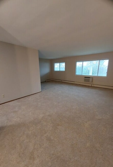 Empty room with two windows and a door.
