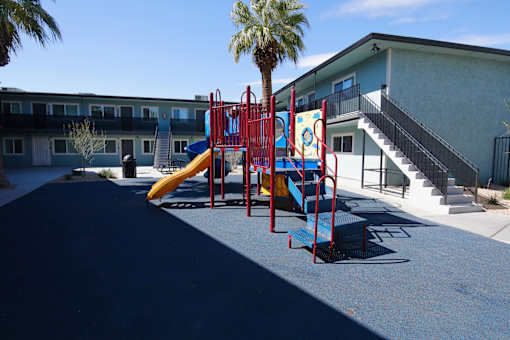A playground with a slide and a palm tree.