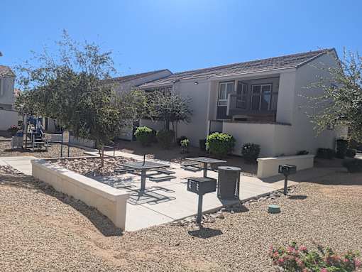 A sunny day in a courtyard with a bench, a tree, and a mailbox.