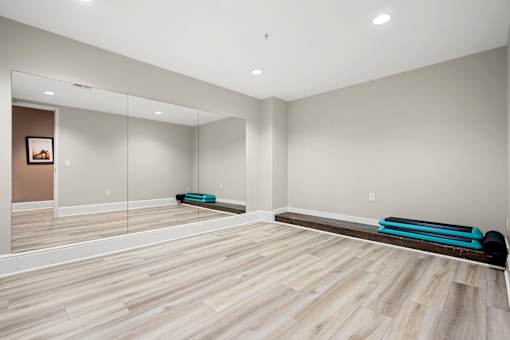 A room with a mirrored wall and wooden flooring.
