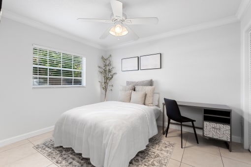 a bedroom with a bed and a desk