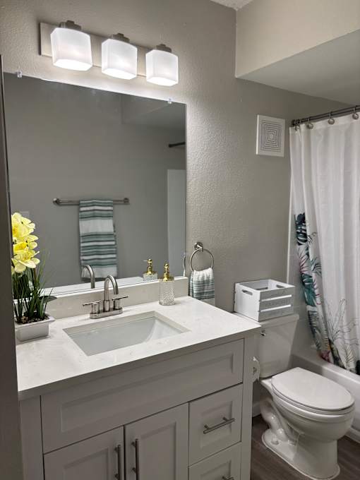 A bathroom with a white sink and toilet.