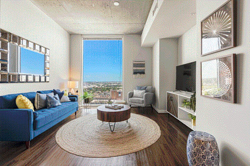 Bright, open living area with contemporary décor and natural light at Med Center in Houston, TX.