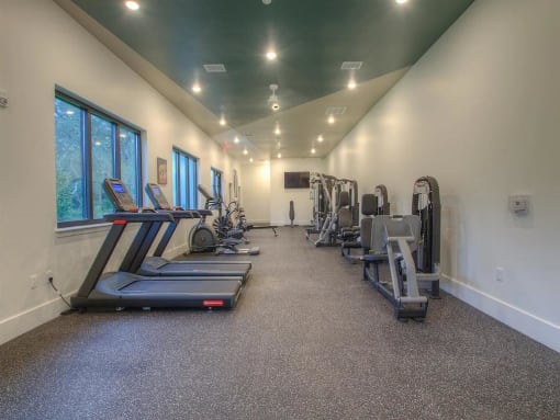 the gym is equipped with cardio equipment and weights