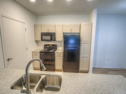 a kitchen with a sink and a black refrigerator