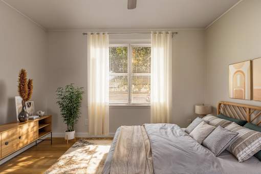 A bedroom with a large bed and a potted plant.