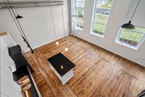 Kitchen and living room at Spinning Mill Lofts, Clayton, NC 27520