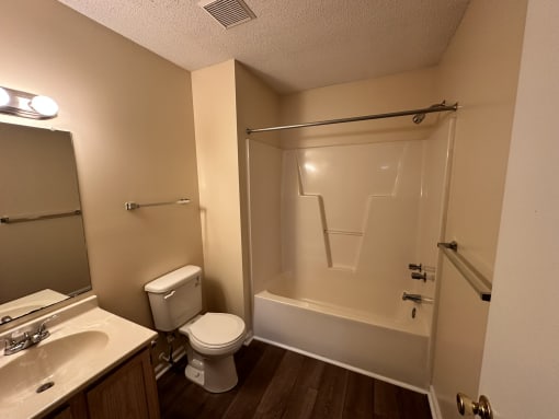 a bathroom with a shower toilet and sink