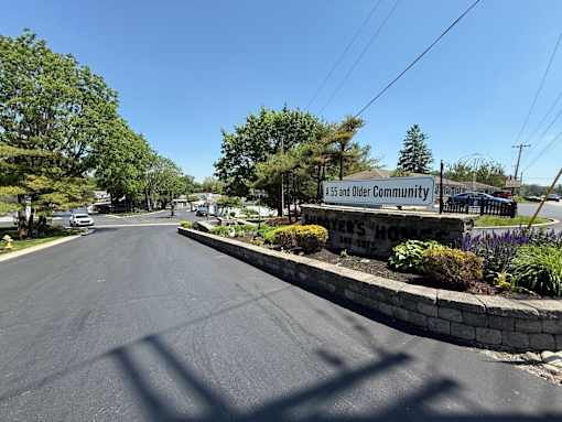 A street view of a community with a sign that reads "55 and Older Community.".
