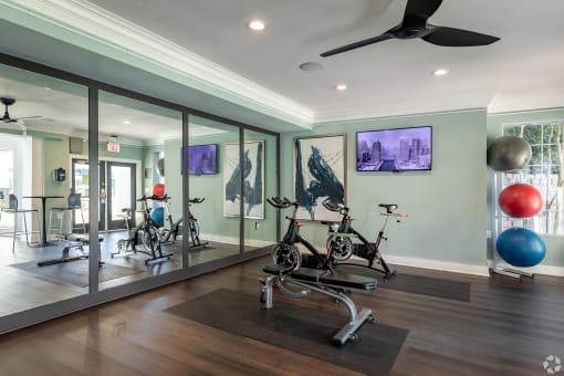 a home gym with a bike and exercise balls