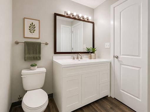 A white toilet sits next to a white sink in a bathroom.