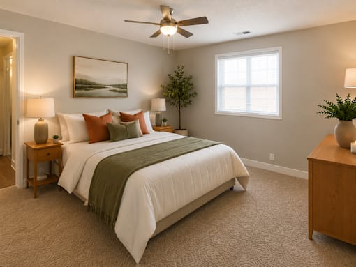 A bedroom with a bed, a ceiling fan, and a painting on the wall.