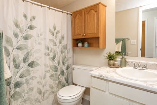 A white toilet sits next to a sink in a bathroom.
