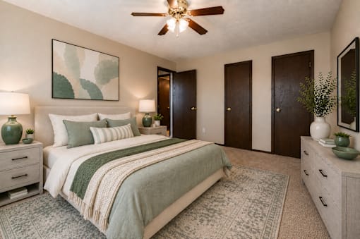 A bedroom with a bed, two nightstands, and a ceiling fan.