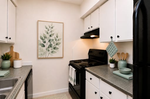 A kitchen with black appliances and white cabinets.