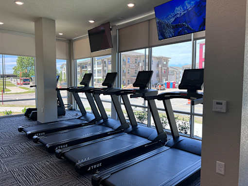 A gym with treadmills and a TV screen on the wall.