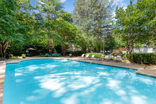 Swimming pool with trees and seating