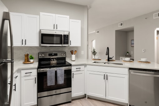 Kitchen with stainless steel appliances and shaker-style cabinets