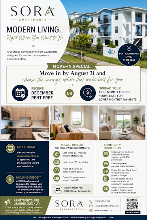 An advertisement for SORA Apartments, offering a move-in special and other incentives.