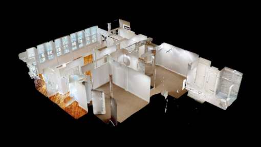 A 3D image of a white building with a black background.