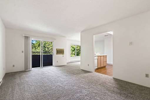 A large, empty room with a grey carpet and white walls.