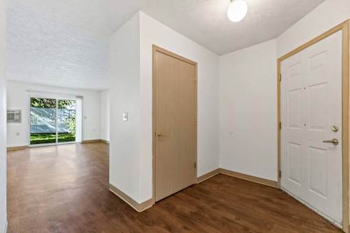 A room with a wooden floor and a white door.