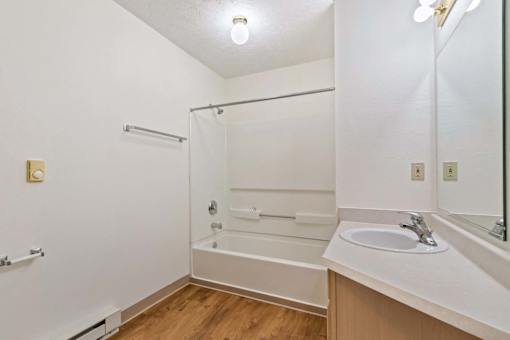 A white bathroom with a sink, mirror, and bathtub.