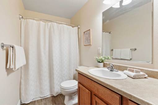 A bathroom with a toilet, sink, and shower.
