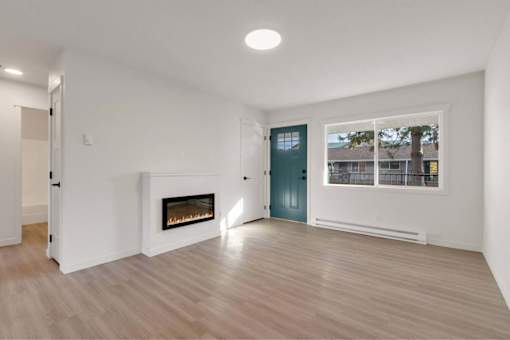A room with a fireplace and a window.