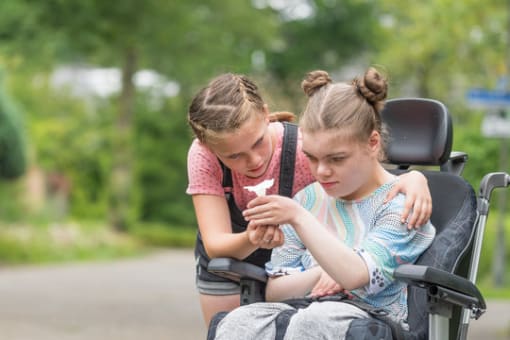 Disabled Child looking at flower with another child