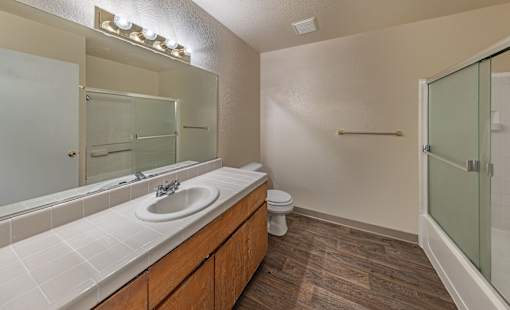 A bathroom with a sink, toilet, and a mirror.