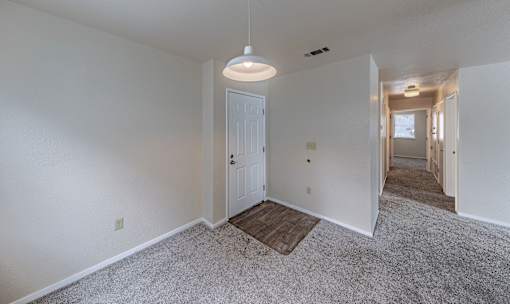 A room with a white door and a light hanging from the ceiling.